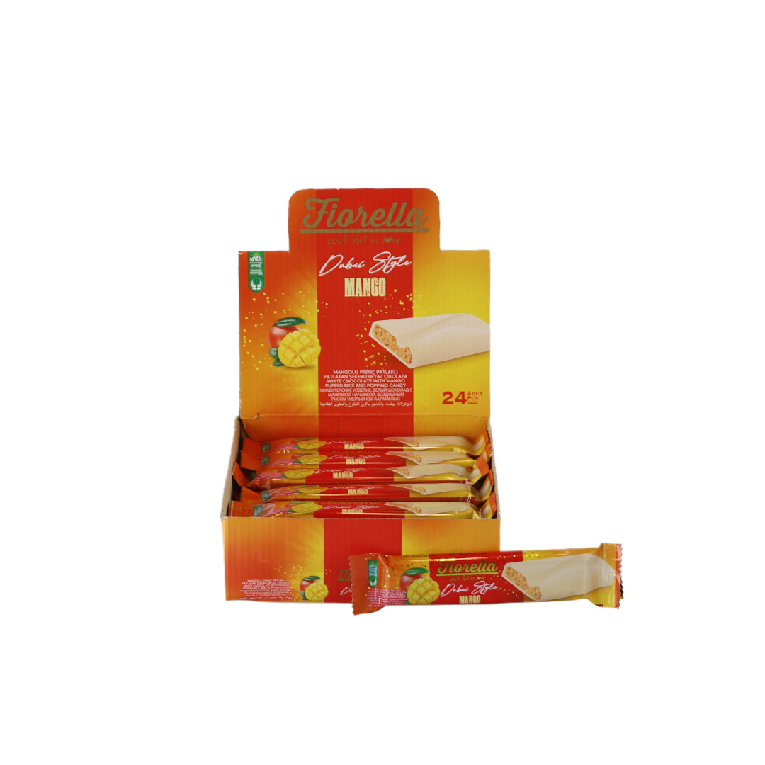 FIORELLA baltojo šokolado plytelė su mango skoniu, ryžių traškumu ir putojančiais saldainiais 30g | Multum