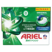 ARIEL 3in1 originalios dėmių ir kvapų valiklio skalbinių skalbimo kapsulės 12vnt | Multum
