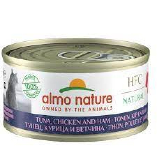 Almo Nature HFC papildomas ėdalas su tunu, vištiena ir kumpiu katėms 70g | Multum