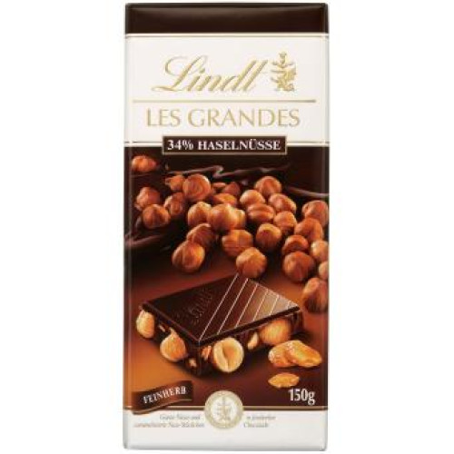 LINDT Les Grandes juodojo šokolado plytelė su nesmulkintais lazdyno riešutais 150g | Multum