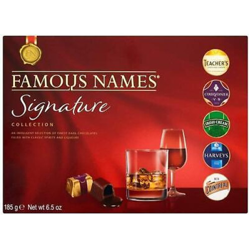 ĮŽYMŪS VARDAI Parašai Juodojo šokolado saldainiai su skirtingu likerio įdaru 185g | Multum