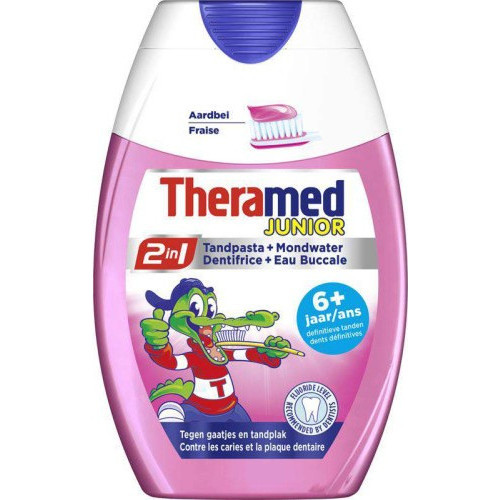 THERAMED 2in1 Junior braškių skonio dantų pasta (nuo 6+ metų) 75ml | Multum