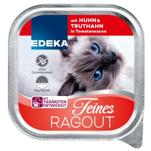 Edeka Feines Ragout maistas katėms su vištiena ir kalakutiena pomidorų padaže 100g | Multum
